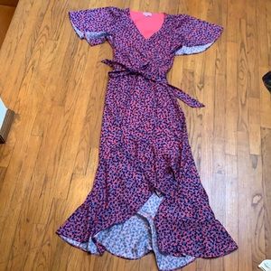 Parker size large dress with ruffle at bottom purple blue and pink